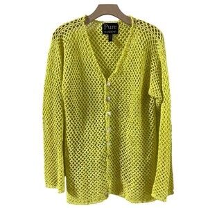 Pure Handknit Cotton Open Knit Sweater Cardigan in Chartreuse Green L/XL NWOT